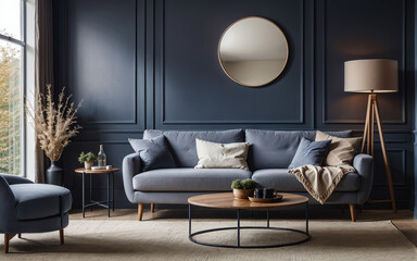 round coffee table near a corner sofa against a dark grey paneling wall, embodying the Scandinavian style in the modern living room's home interior design.
