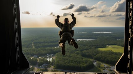 Airborne soldier with parachute on back jumps out of plane at sunrise light. Paratrooping military...