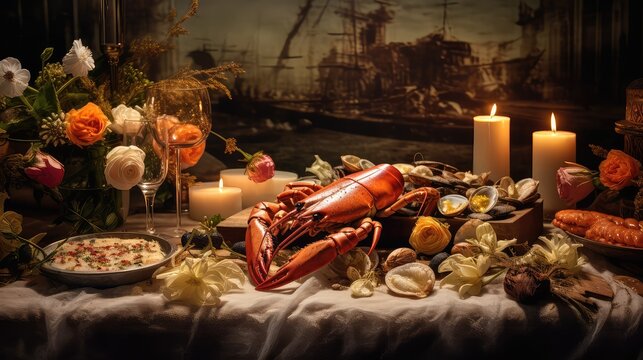 background table seafood food romantic illustration candlelit dinner, date restaurant, cuisine lobster background table seafood food romantic