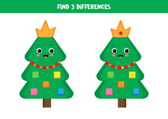 Find 3 differences between two cute cartoon Christmas trees.