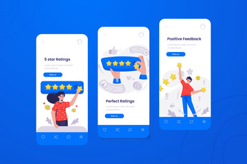 Customer feedback by leaving a five-star rating illustration on onboard mobile ui screen design