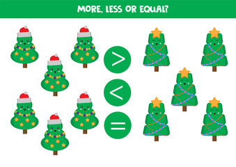 Grater, less or equal with cartoon kawaii Christmas trees.