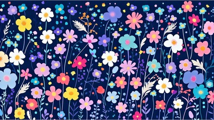A vivid design featuring a variety of colorful flowers scattered across a dark blue background, giving a bright and festive impression.
