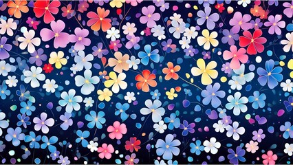 A vivid design featuring a variety of colorful flowers scattered across a dark blue background, giving a bright and festive impression.
