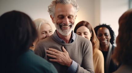 Positive people hug giving support to friends at group therapy meeting. Family members embrace gathering for holiday event at home. True emotions of bonding after collective psychotherapy