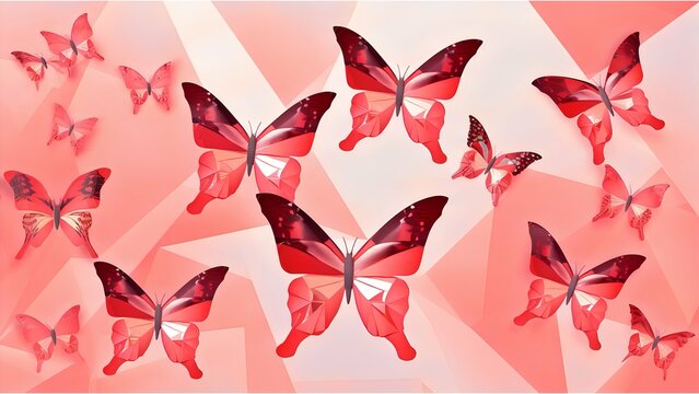 A graphic of black silhouetted butterflies flitting across a background of red polyhedral patterns. A vivid artwork where movement and contrast are pronounced.
