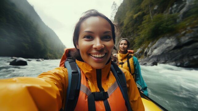 Joyful African-American woman makes selfie rafting on wide calm river closeup. Happy black sportswoman enjoys adventure sailing boat along waterway. Positive tourists streams video from kayak