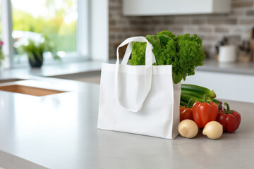 Eco bag with colorful veggies in modern kitchen. Buying nourishment, recycling concept. AI Generative photo.