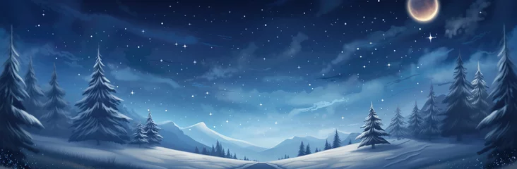 Fototapeten Winter night landscape with snowy fir trees, moon and mountains. Winter night landscape illustration. © Nima