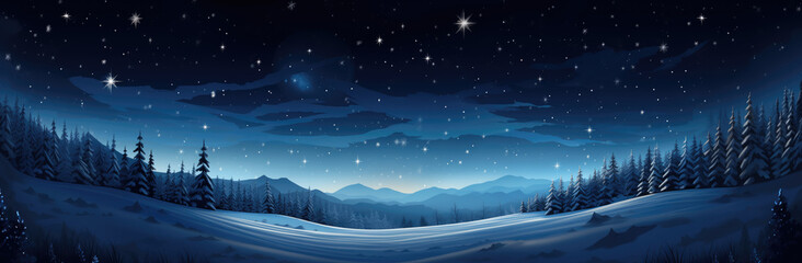 Winter landscape with fir trees and mountains at night. Winter night landscape illustration.