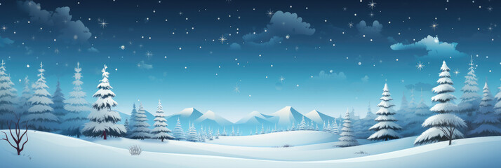 Winter landscape with snow covered fir trees and mountains. Panorama of winter landscape illustration.