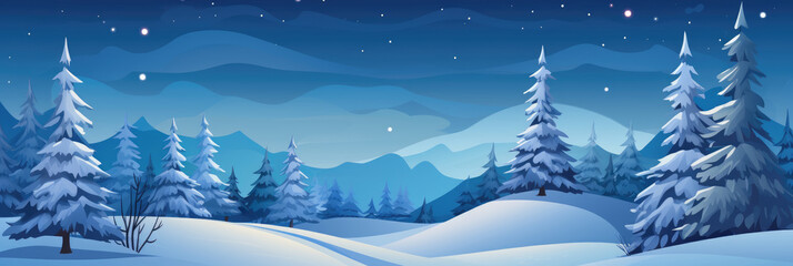 Winter night landscape with fir trees and mountains. Winter cartoon illustration. Christmas background.