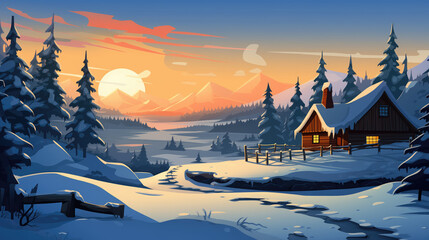 Winter landscape with a wooden house in the forest.Winter landscape illustration.