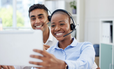 Call center, tablet or business people selfie in office for contact us, customer support or...
