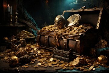Chest Filled With Gold Coins and a Clock Generative AI