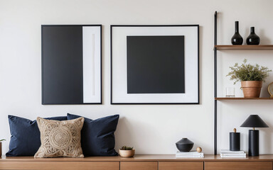Empty mock-up frame on a wooden shelf in the interior design of a modern living room with a white wall and home decor pieces.