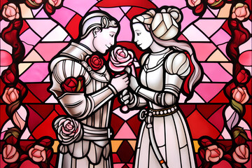 Stained glass window with lovers. Knight and lady in love. Saint Valentine plot in stained glass. St. Valentine's day