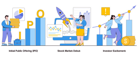 Initial public offering, stock market debut, investor excitement concept with character. IPO Launch abstract vector illustration set. Investor anticipation, stock market entry metaphor - obrazy, fototapety, plakaty