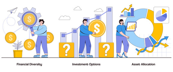 Fototapeta premium Financial diversity, investment options, asset allocation concept with character. Asset diversification abstract vector illustration set. Investment choices, risk management, financial variety