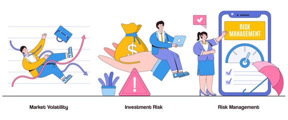 Market volatility, investment risk, risk management concept with character. Risk Management abstract vector illustration set. Investment security, risk mitigation, financial stability metaphor - obrazy, fototapety, plakaty