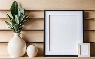 Empty mock-up frame on a wooden shelf in the interior design of a modern living room with a white wall and home decor pieces.