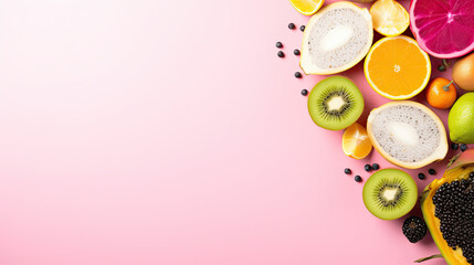  exotic fruits dragon fruit kiwi, orange, lime, passion fruit carambola and coconut on a pink background and an empty space for promotional text, top view , Fruity summer delights.