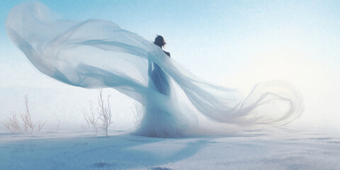 Painting of a gentle winter princess greeting the dawn in a flowing dress, made with small strokes, digital painting