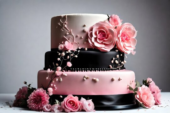 close up view, of a 3 tier pink and black weeding cake, on a table, with white back ground
