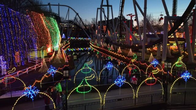 Christmas lights at Hershey Park Candylane. Aerial shot of amusement park festive decorations.