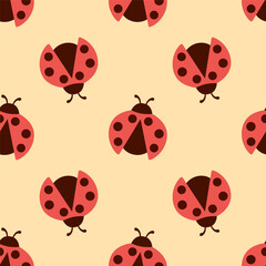 Naklejka premium Seamless hand drawn pattern with ladybug vector illustration on yellow. Cute simple flat design of black and red ladybug.