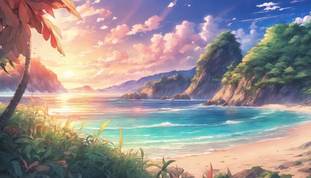 Vibrant Color of A Beautiful Anime Beach Landscape with Sunset and Sea Background Wallpaper