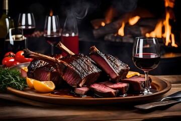 A glass of red wine and roasted beef ribs were placed on the table