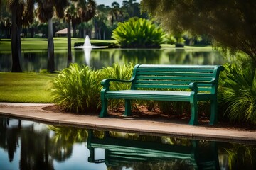 A Green bench next to a pond - Powered by Adobe