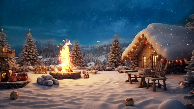 camping on Christmas Eve with a campfire at night.  cartoon or anime style illustration. seamless looping time-lapse virtual video animation background.