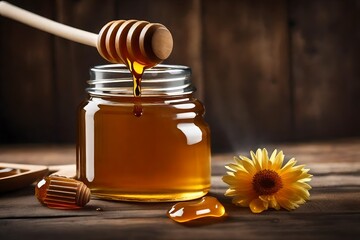 A Wooden honey dipper with a honey jar - obrazy, fototapety, plakaty