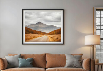 Living room interior with rustic style. Wall frame in camera focus. Elegant home interior.
