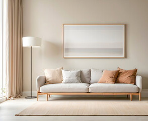 Modern minimalist living room interior, Soft natural light. Grey sofa and cushions, Simple wall art horizontal frame. loft home interior. 