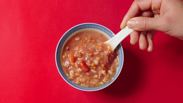 Chinese traditional food, Laba porridge.red rice porridge in a bowl.