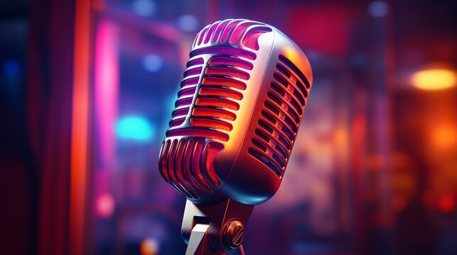 microphone on stage with lights HD 8K wallpaper Stock Photographic Image 