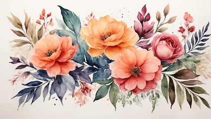 Fotobehang "Floral Harmony: Modern European Ink Watercolors © NafisaNajmin