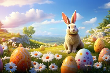 Easter bunny and easter eggs on green meadow with flowers