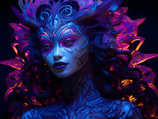 Fototapeta premium Neon fashion image of a beautiful woman isolated on black backdrop, Purple and blue neon, UV blacklight, fantastic, fluorescent, luminescence