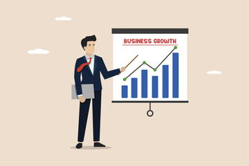Business growth, business development analysis, investment growth discussion or business profit report concept, smart businessman presenting business growth data.