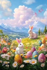 Easter bunny and easter eggs on green meadow with flowers