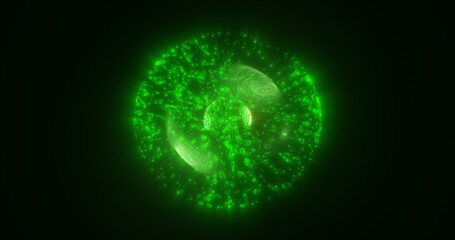 Abstract green energy glowing digital sphere atom made of iridescent energy from moving electric plasma liquid on black background