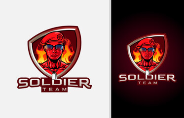 Soldier mascot logo.  fiery red army is suitable for the team logo. vector illustration