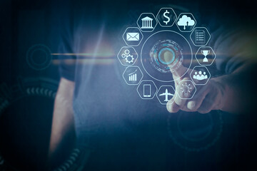 Developer touches virtual screen of charts and projections, Business analytics Big data analysis technology future concept on VR screen on blur background.