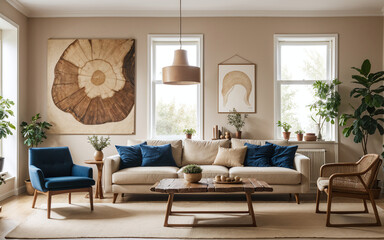 Rustic live-edge table and chairs near a beige sofa, reflecting the Scandinavian interior design of a modern living room, accentuated by a prominent art poster.