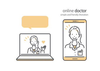 スマホやパソコンを通してサポートしてくれる女性医師　シンプルでお洒落な線画イラスト
