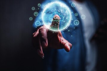 Businessman show with environmental icons for reducing CO2 emissions, sustainable development and green business from renewable energy. Concept Carbon Neutrality.